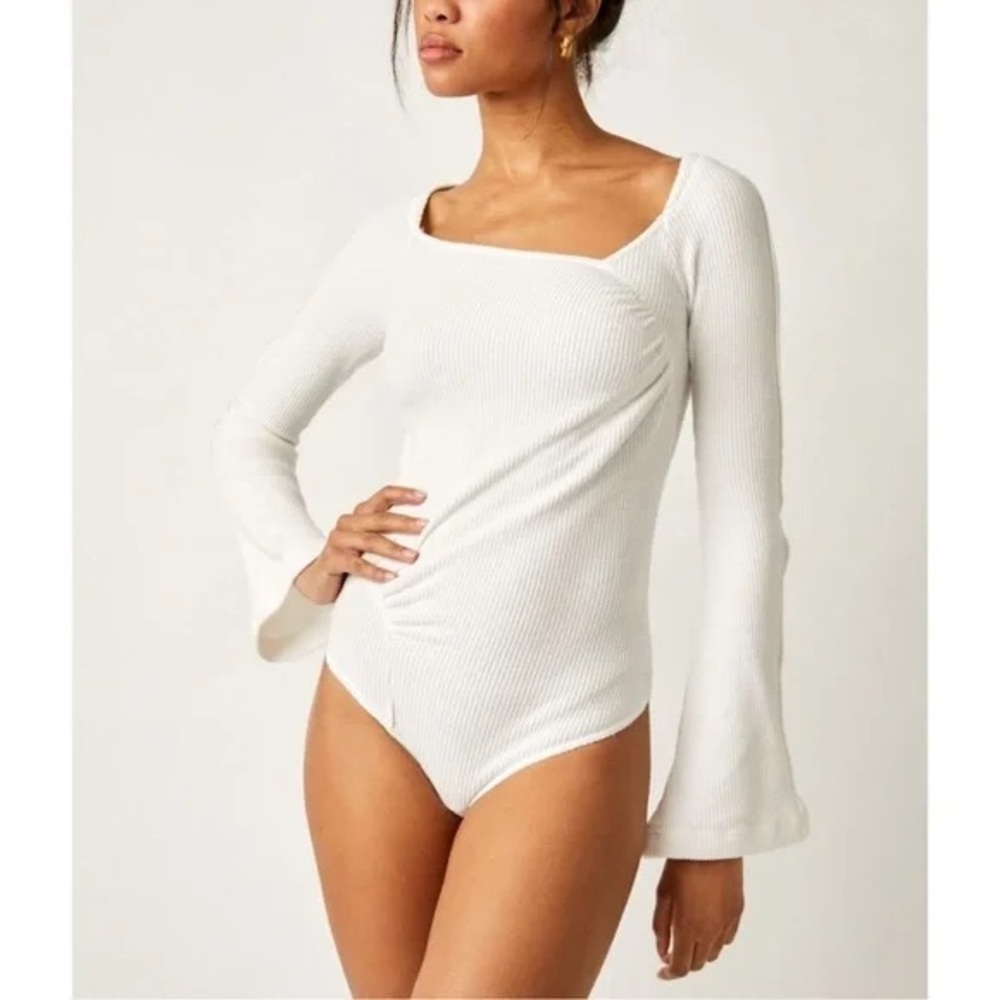 FREE PEOPLE On A Cloud Bodysuit Ivory Hippie Boho Bell Sleeve